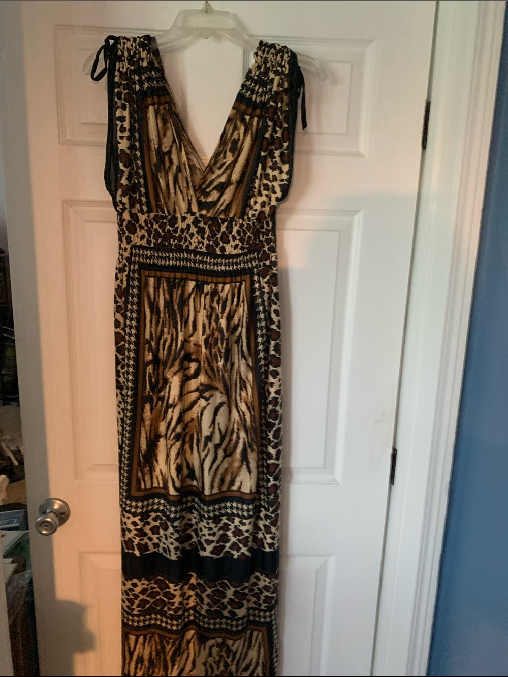 Jessica Taylor NYC Sleeveless Animal-Print Maxi Dress in Brown and Cream
